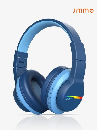 JMMO 带麦克风的儿童耳机，3 种聆听模式和耳罩 RGB 灯，15 小时播放时间、高清麦克风和立体声可折叠且耐用，适用于学校在线课程和语音通话圣诞礼物，秋冬必备品