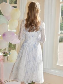 Sweetheart Neck Puff Sleeve Dress - Baby Blue - View 3