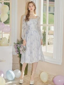 Sweetheart Neck Puff Sleeve Dress - Baby Blue - View 6