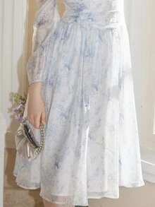 Sweetheart Neck Puff Sleeve Dress - Baby Blue - View 7