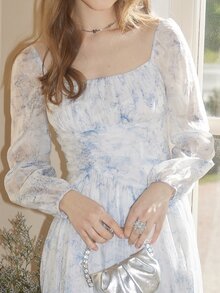 Sweetheart Neck Puff Sleeve Dress - Baby Blue - View 9