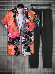 Manfinity Men Tropical Print Shirt & Drawstring Waist Trousers Without Tee - Multicolor - View 1