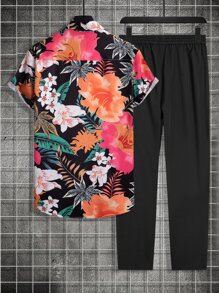 Manfinity Men Tropical Print Shirt & Drawstring Waist Trousers Without Tee - Multicolor - View 2