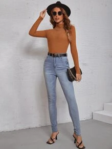 SHEIN Clasi 素色高領連體衣 - 棕色 - 查看 4