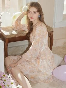 Vestido con estampado floral de manga farol bajo con fruncido - Multicolor - Ver 2