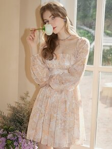 Vestido con estampado floral de manga farol bajo con fruncido - Multicolor - Ver 7