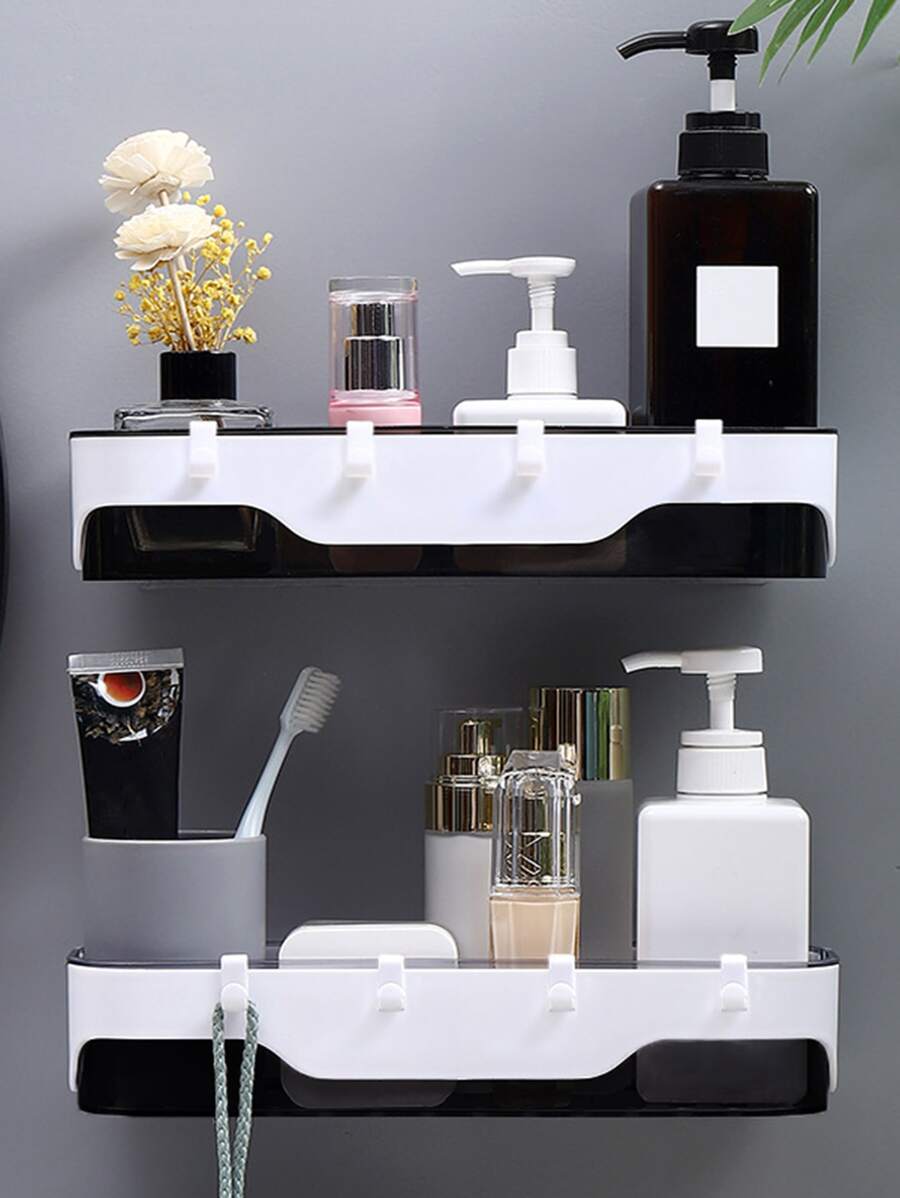 Estante de almacenamiento de baño de plástico, estante de baño sin perforación con adhesivo, estante organizador de almacenamiento de ducha de baño montado en la pared - Multicolor - Ver 1