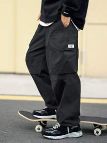 Claim Dot Quần ống đứng nam dáng rộng có túi nắp, cạp chun, họa tiết vá, màu đen trơn, đi chơi, mùa thu - màu đen - Xem 1