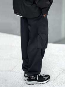 Claim Dot Quần ống đứng nam dáng rộng có túi nắp, cạp chun, họa tiết vá, màu đen trơn, đi chơi, mùa thu - màu đen - Xem 2