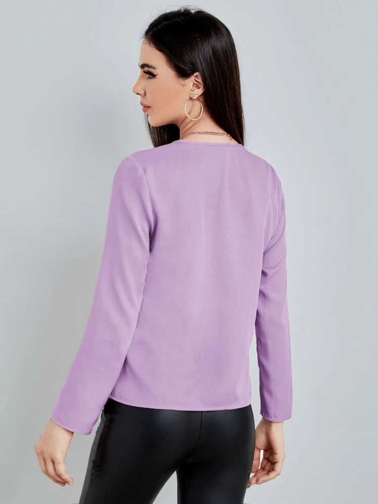 SHEIN Clasi Solid Notched Neck Blouse - Lilac Purple - View 2