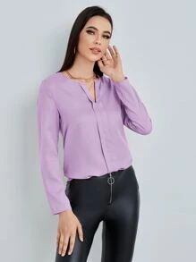 SHEIN Clasi Solid Notched Neck Blouse - Lilac Purple - View 4