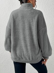 SHEIN EZwear Áo nỉ gấu bông hở vai có khóa kéo nửa, áo dài tay tốt nghiệp, trang phục trở lại trường, tốt nghiệp, trang phục giáo viên nữ, trở lại trường vào mùa thu/đông - Xám - Xem 2