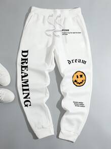 Manfinity Roghcode Pantalones Deportivas Masculino De Ajuste Suelto Con Estampado De Dibujos Animados Y Eslogan, Cintura Ajustable Con Cordón - Blanco - Ver 1