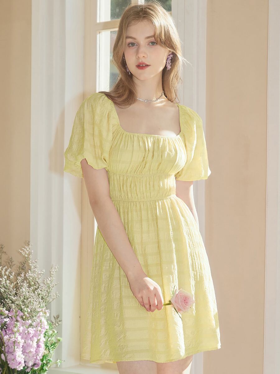 Ruched Bust Puff Sleeve A-line Dress - Yellow - View 1