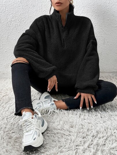 SHEIN EZwear Moletom Teddy preto com zíper e ombros caídos, blusas de manga comprida para formatura, roupas de volta às aulas, formatura, roupas de professora para mulheres, volta às aulas no outono/inverno