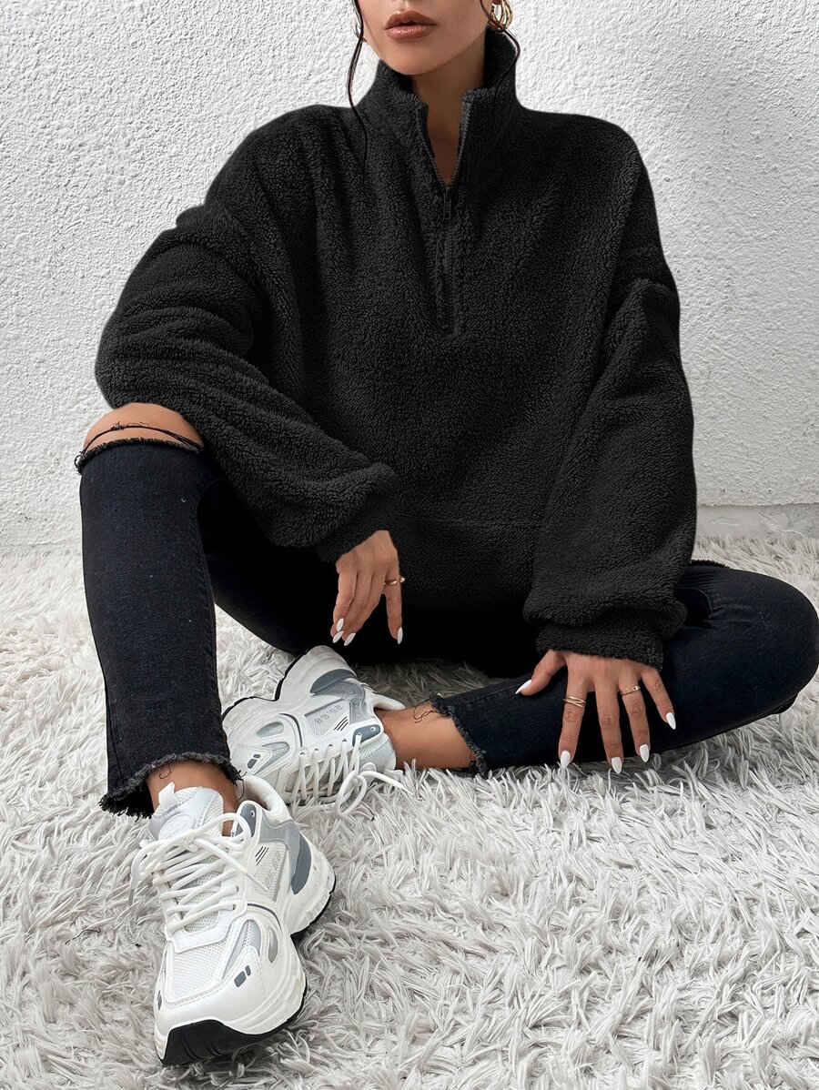 SHEIN EZwear Black Half Zip Drop Shoulder Teddy Sweatshirt,Long Sleeve Tops Graduation,Back To School Outfits,Graduation,Teacher Outfits For Women,Back To School In Fall/Winter