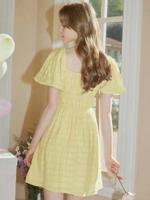 Ruched Bust Puff Sleeve A-line Dress - Yellow - View 2