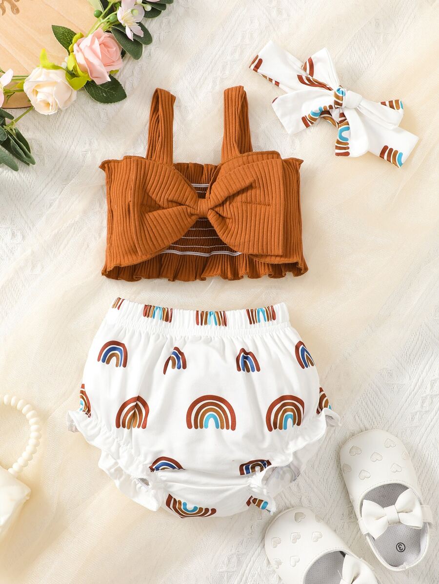 嬰兒前蝴蝶結吊帶上衣和彩虹印花褶邊短褲和頭巾 - 彩色 - 查看 1