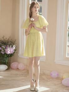 Ruched Bust Puff Sleeve A-line Dress - Yellow - View 3