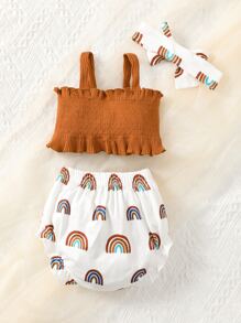 嬰兒前蝴蝶結吊帶上衣和彩虹印花褶邊短褲和頭巾 - 彩色 - 查看 2
