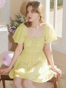 Ruched Bust Puff Sleeve A-line Dress - Yellow - View 5
