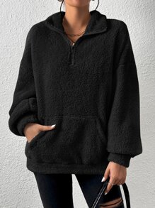 SHEIN EZwear Black Half Zip Drop Shoulder Teddy Sweatshirt,Long Sleeve Tops Graduation,Back To School Outfits,Graduation,Teacher Outfits For Women,Back To School In Fall/Winter