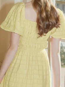 Ruched Bust Puff Sleeve A-line Dress - Yellow - View 6