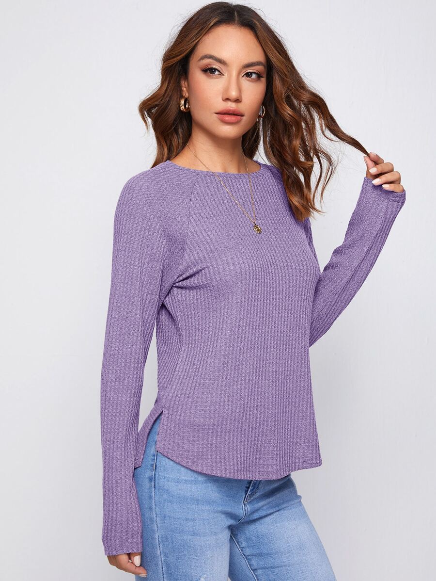 SHEIN LUNE Raglan Sleeve Waffle Knit Tee - Lilac Purple - View 1