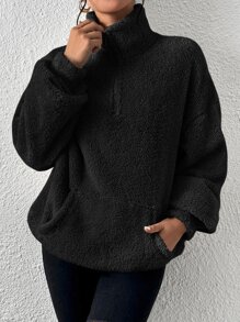 SHEIN EZwear Black Half Zip Drop Shoulder Teddy Sweatshirt,Long Sleeve Tops Graduation,Back To School Outfits,Graduation,Teacher Outfits For Women,Back To School In Fall/Winter