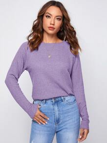SHEIN LUNE Raglan Sleeve Waffle Knit Tee - Lilac Purple - View 3