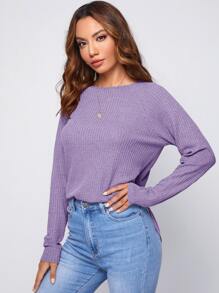 SHEIN LUNE Raglan Sleeve Waffle Knit Tee - Lilac Purple - View 4