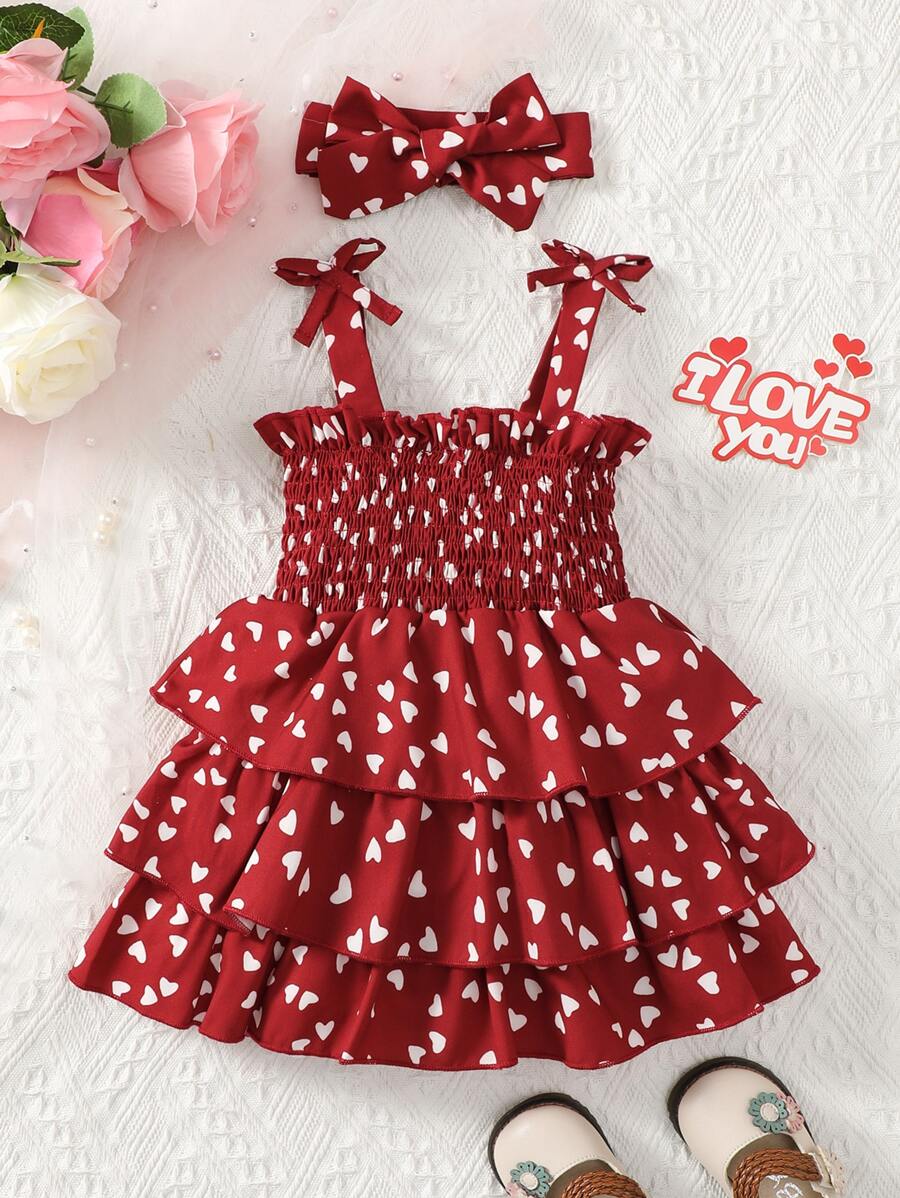Đầm em bé phân lớp Dải chun Tim Tất cả trên in Dễ thương - Màu Đỏ Sâu - Xem 1