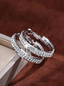1pair Silver Double Row Cubic Zirconia Hoop Earrings - Silver - View 1