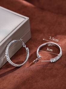 1pair Silver Double Row Cubic Zirconia Hoop Earrings - Silver - View 3