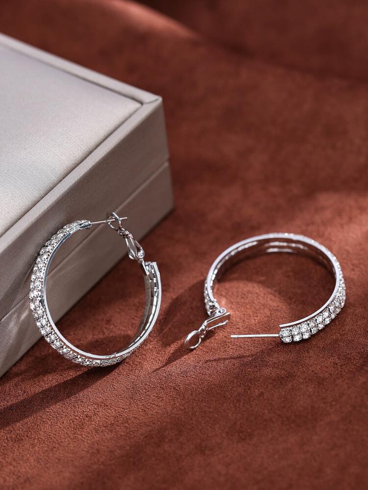 1pair Silver Double Row Cubic Zirconia Hoop Earrings