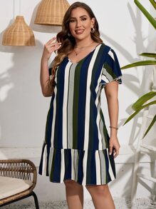 SHEIN LUNE Đầm Plus Size Viên lá sen Sọc Giải trí - Nhiều màu - Xem 4