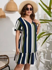 SHEIN LUNE Đầm Plus Size Viên lá sen Sọc Giải trí - Nhiều màu - Xem 5