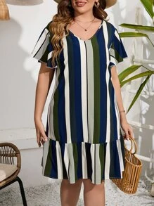 SHEIN LUNE Đầm Plus Size Viên lá sen Sọc Giải trí - Nhiều màu - Xem 6