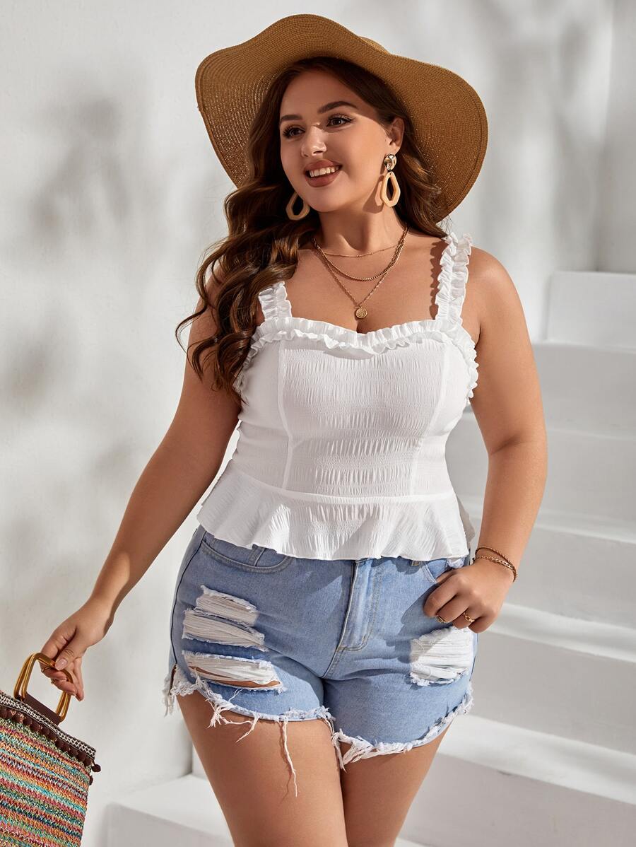 Dreamara 大碼褶邊荷葉邊吊帶上衣 - 白色 - 查看 1