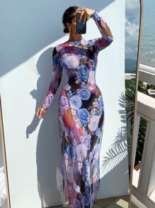 SHEIN Swim Cover up con estampado floral de muslo con abertura - Multicolor - Ver 1