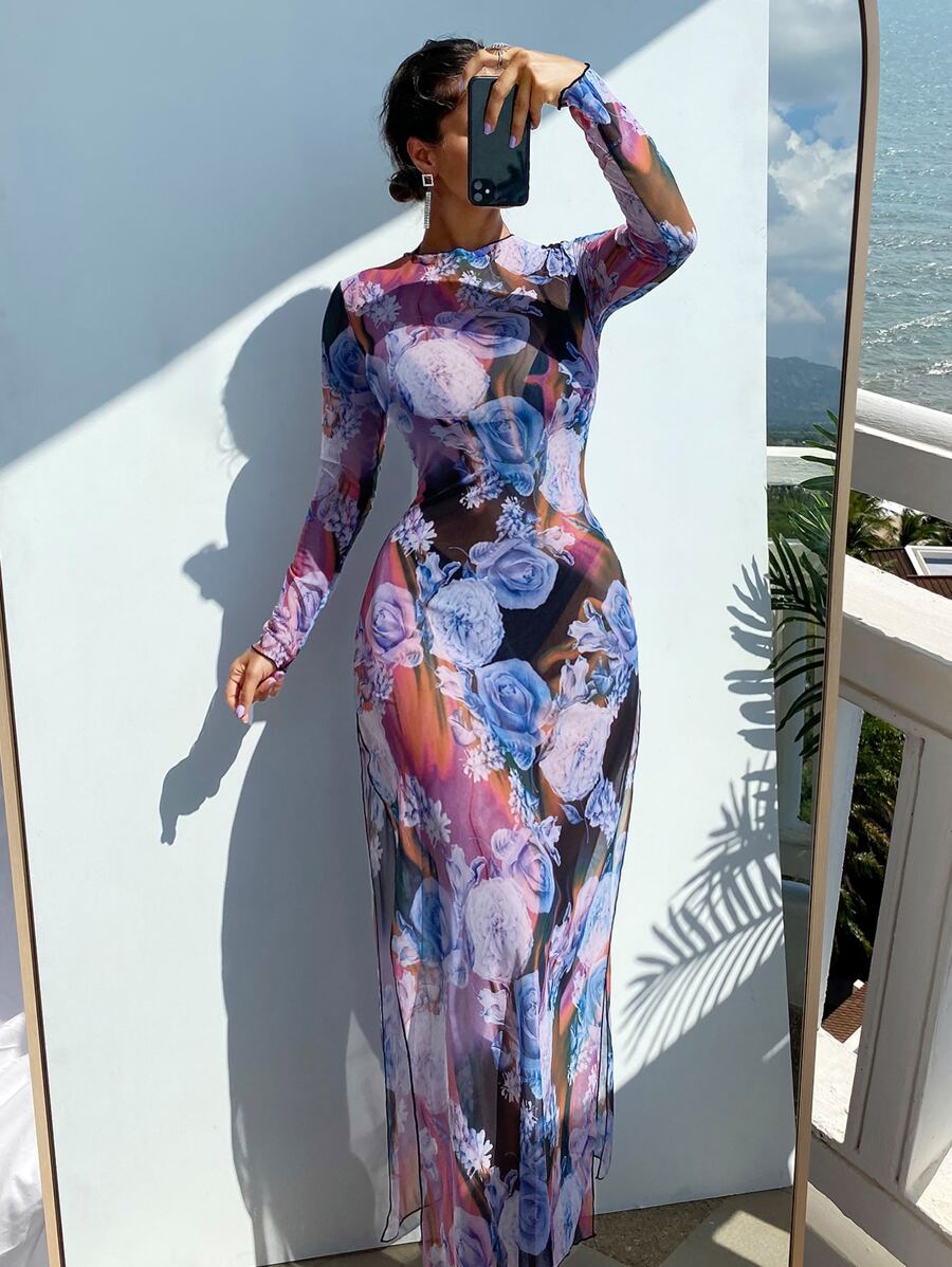 SHEIN Swim Cover up con estampado floral de muslo con abertura - Multicolor - Ver 1