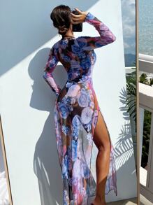 SHEIN Swim Cover up con estampado floral de muslo con abertura - Multicolor - Ver 2