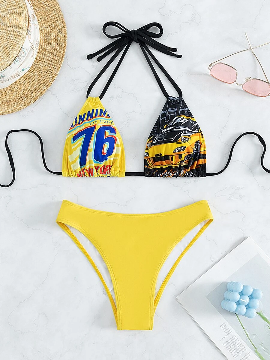 SHEIN Swim Summer Beach Racing Car & Letter Graphic Bikini Set Halter Triangle Bra & Bikini Bottom 2 Piece Bathing Suit - Yellow - View 1