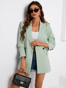 SHEIN BIZwear Solid Lapel Neck Double Breasted Blazer Workwear - Green - View 1