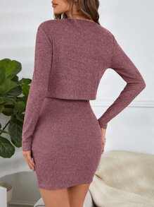 SHEIN Privé Ruched Bust Button Front Top & Bodycon Dress Set - Mauve Purple - View 2