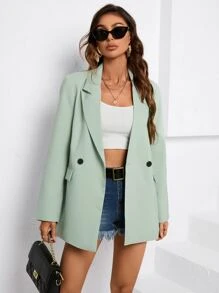 SHEIN BIZwear Solid Lapel Neck Double Breasted Blazer Workwear - Green - View 4