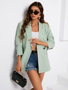 SHEIN BIZwear Solid Lapel Neck Double Breasted Blazer Workwear - Green - View 6