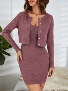 SHEIN Privé Ruched Bust Button Front Top & Bodycon Dress Set - Mauve Purple - View 5