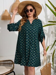 SHEIN LUNE Vestido túnico dorado con estampado geométrico de manga enrollada con botón - Multicolor - Ver 1