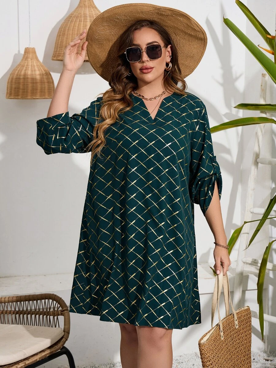 SHEIN LUNE Vestido túnico dorado con estampado geométrico de manga enrollada con botón - Multicolor - Ver 1
